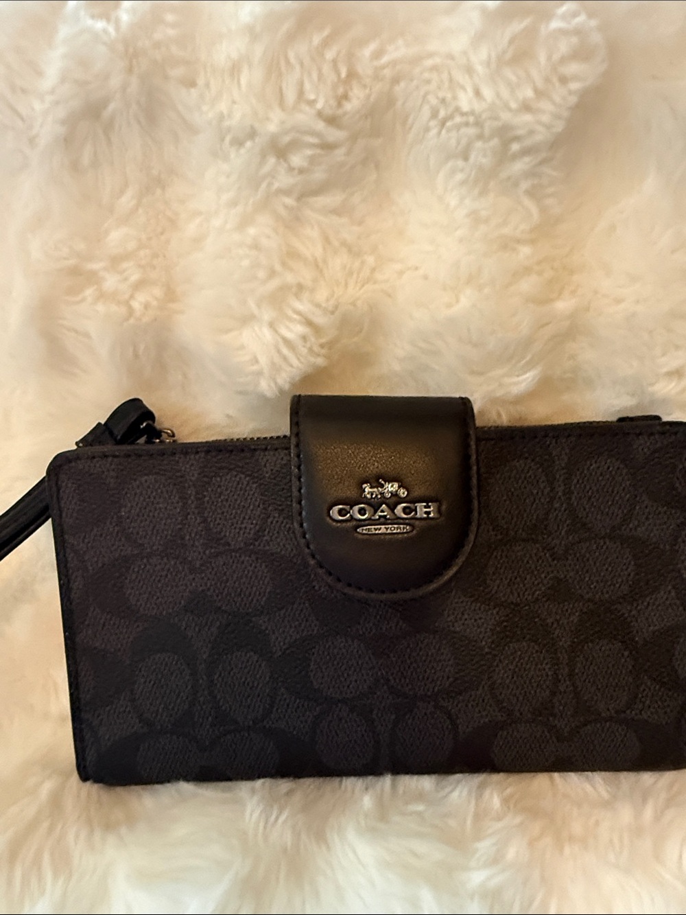 Coach Black Signature Wristlet Wallet with Leather Trim coach Phone tech wallet